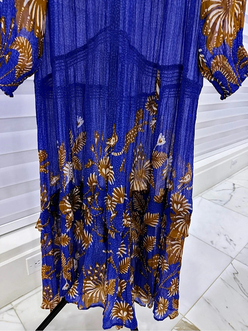 • Anthropologie Marais Printed Sheer Maxi Dress Blue Gold Floral Long Sleeve - Picture 4 of 10
